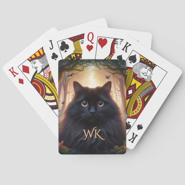 Vackert fluffy Black Cat med Guld Ögon Monogram Casinokort (Baksidan)
