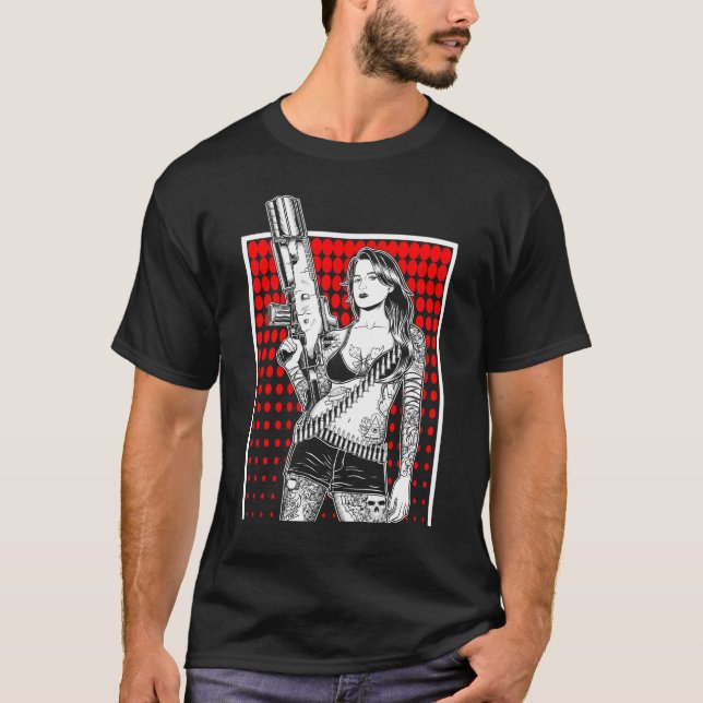 Vackert Gangster Girl Criminal med Gun Gift T Shirt (Framsida)