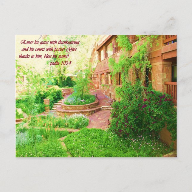 Vackert Garden Courtyard Photo med Bible Verse Vykort (Framsida)