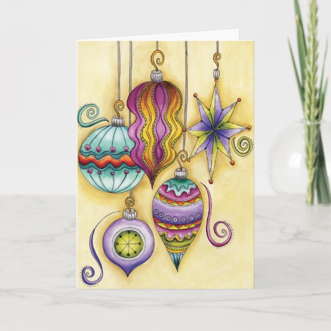 Vackert glas - färgstarka julprydnader helgkort (Framsida)