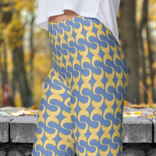 Vackert Glaucous Blue och Guld Kurvor Mönster Leggings (Golden Curves over Glaucous Blue Leggings)