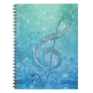 Vackert glitter ger blått treble clef anteckningsbok med spiral