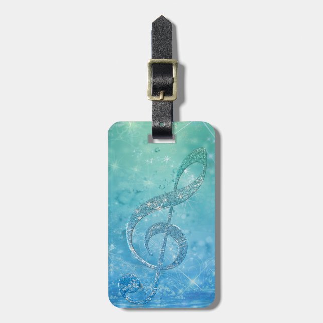 Vackert glitter ger blått treble clef bagagebricka (Vertikal Framsida)