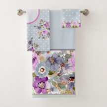 Vackert golden lila blommigt på grått-polka punkt