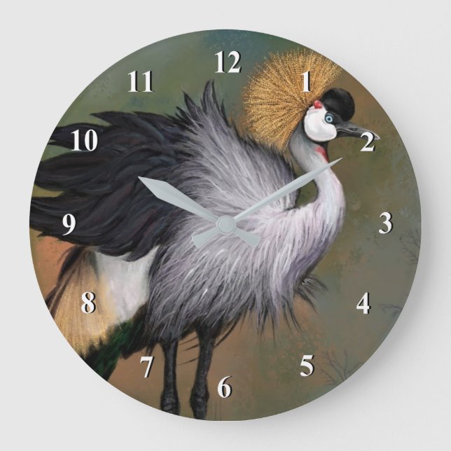 Vackert Grått Crowned Crane - Gängad målning  Stor Klocka (Framsida)