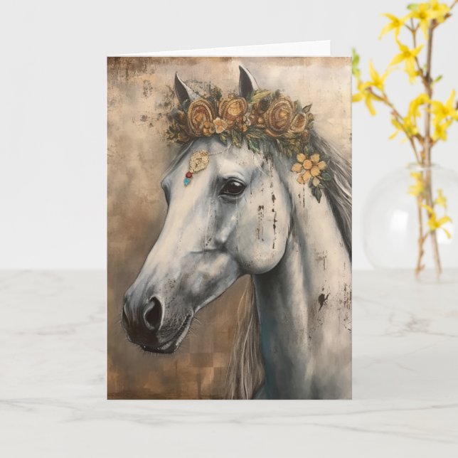 Vackert Grått Horse i tillfällen Boho Krona Kort (Gul blomma)