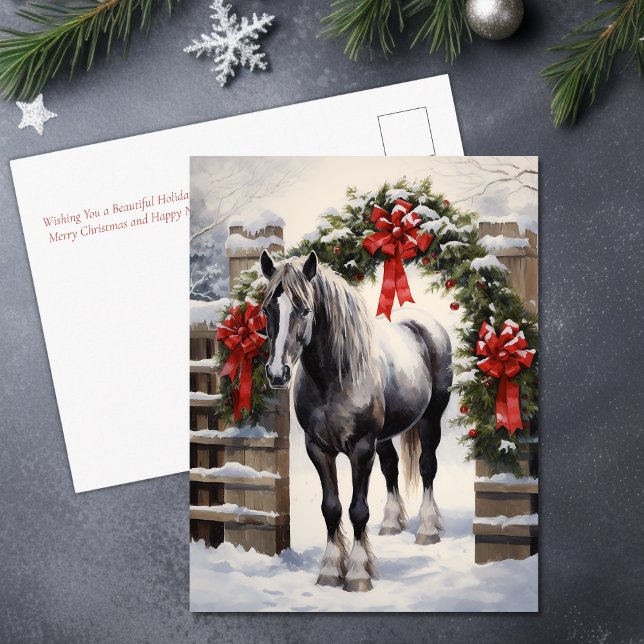 Vackert Grått Horse med Winter Garland jul Helg Vykort (Beautiful Grey Horse with Winter Garland Christmas Holiday Postcard)