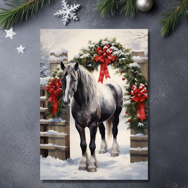 Vackert Grått Horse med Winter Garland jul Helgkort (Front - Beautiful Grey Horse with Winter Garland Christmas Holiday Card)