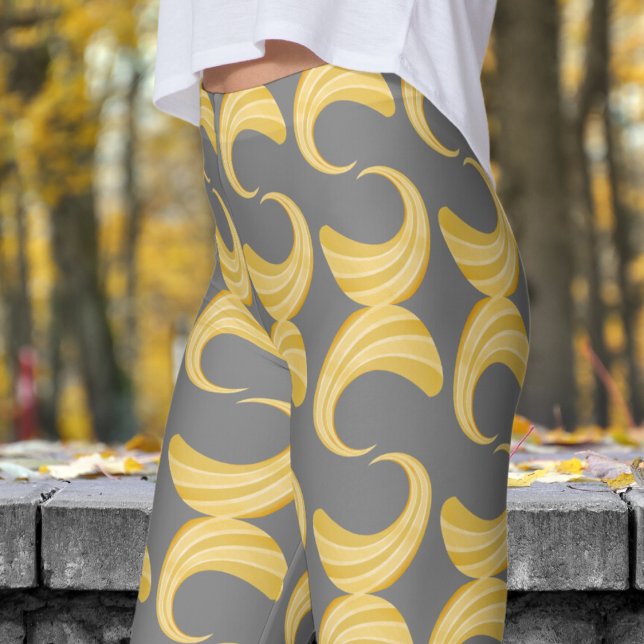 Vackert Grått och Guld Kurvor Mönster Leggings (Golden Curves over Medium Gray Leggings)