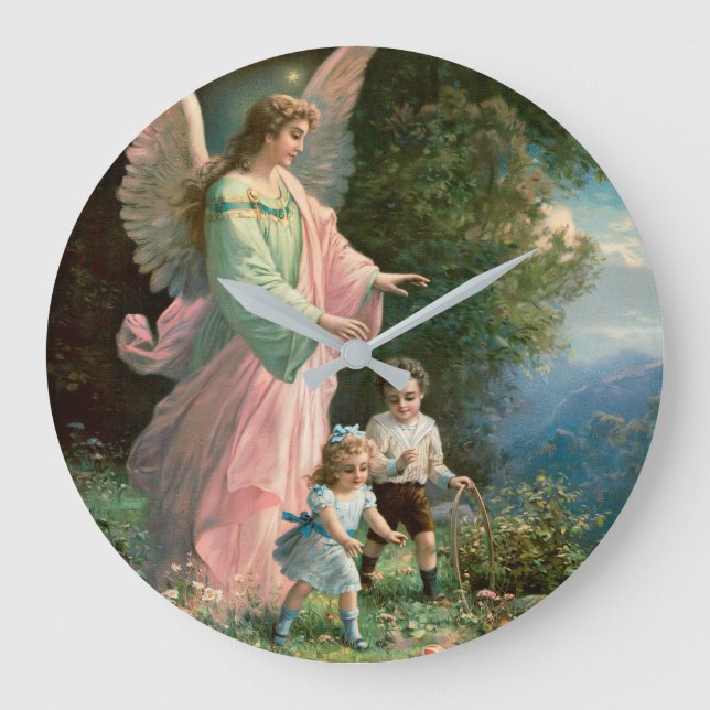 Vackert Guardian Angel Guarding Children Stor Klocka (Framsida)