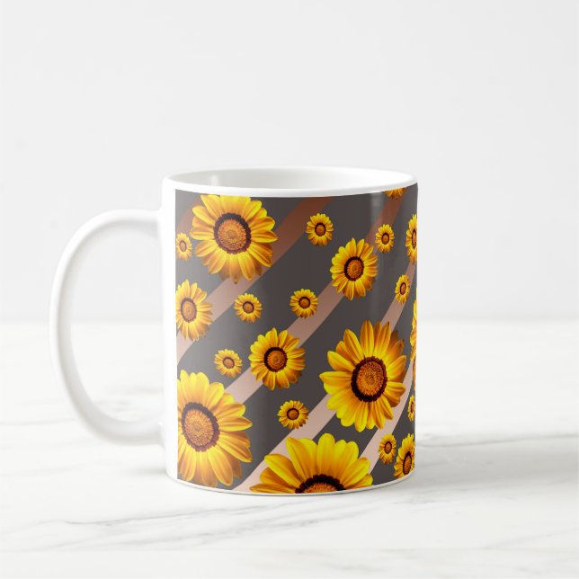 Vackert gula blommor på grått, brunt rand kaffemugg (Vänster)