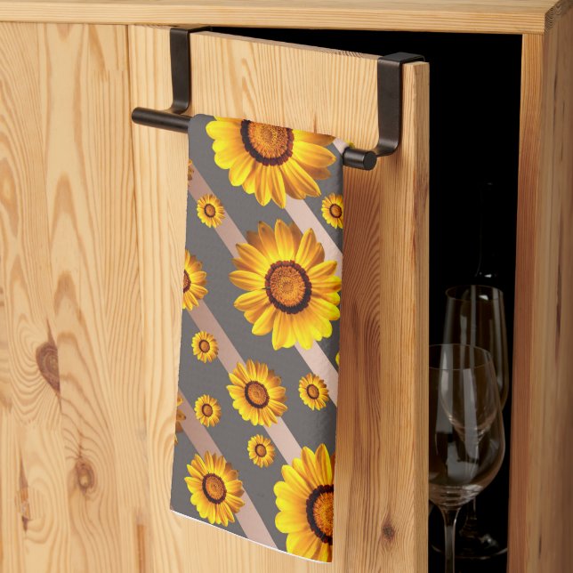 Vackert gula blommor på grått, brunt rand kökshandduk (Thirds Fold)