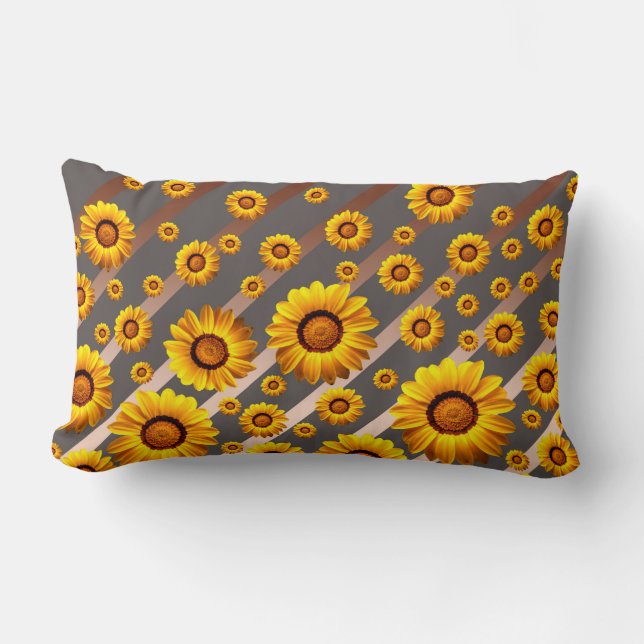 Vackert gula blommor på grått, brunt rand lumbarkudde (Framsida)