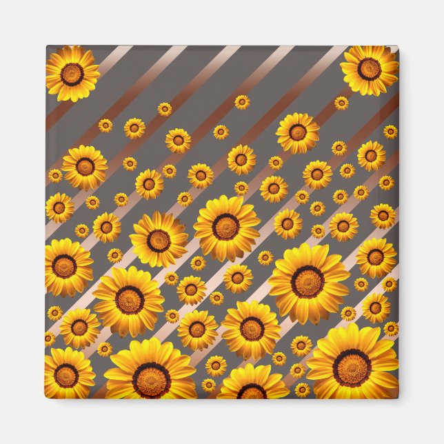 Vackert gula blommor på grått, brunt rand magnet (Framsidan)