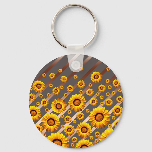 Vackert gula blommor på grått, brunt rand nyckelring (Framsida)