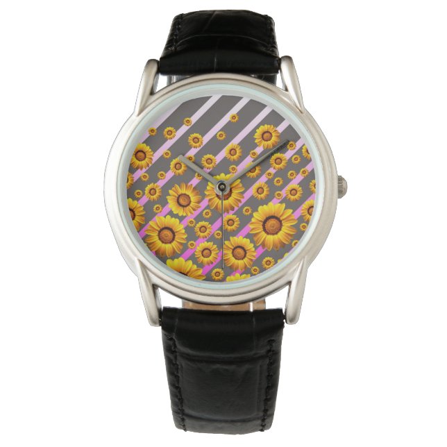 Vackert gula blommor på grått, rosa rand armbandsur (Framsida)