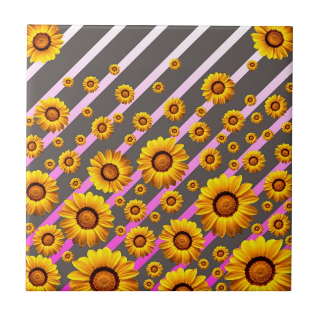 Vackert gula blommor på grått, rosa rand kakelplatta (Framsidan)