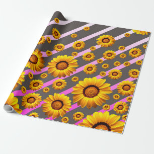 Vackert gula blommor på grått, rosa rand presentpapper