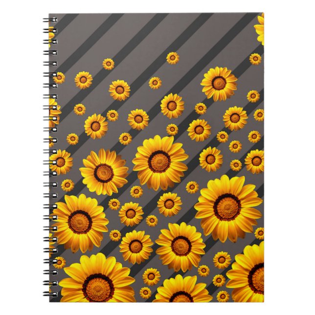 Vackert gula blommor på grått, svart rand anteckningsbok (Framsidan)