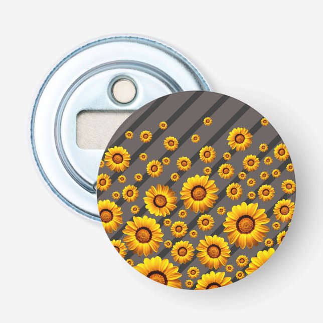 Vackert gula blommor på grått, svart rand flasköppnare (Framsidan)