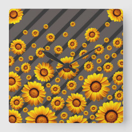 Vackert gula blommor på grått, svart rand fyrkantig klocka