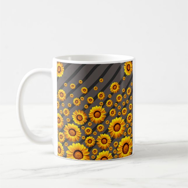 Vackert gula blommor på grått, svart rand kaffemugg (Vänster)
