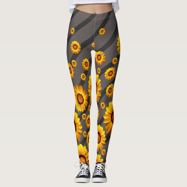 Vackert gula blommor på grått, svart rand leggings (Framsida)