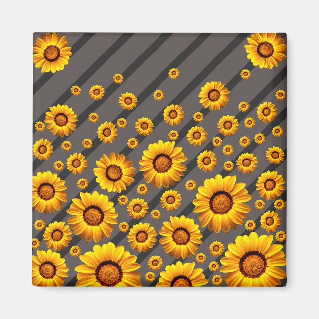 Vackert gula blommor på grått, svart rand magnet (Framsidan)