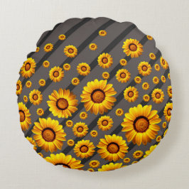 Vackert gula blommor på grått, svart rand rund kudde
