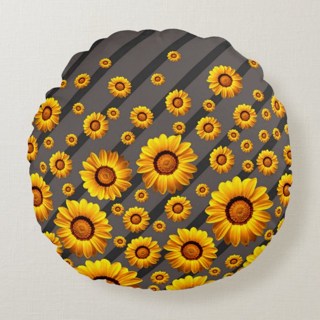 Vackert gula blommor på grått, svart rand rund kudde (Framsidan)
