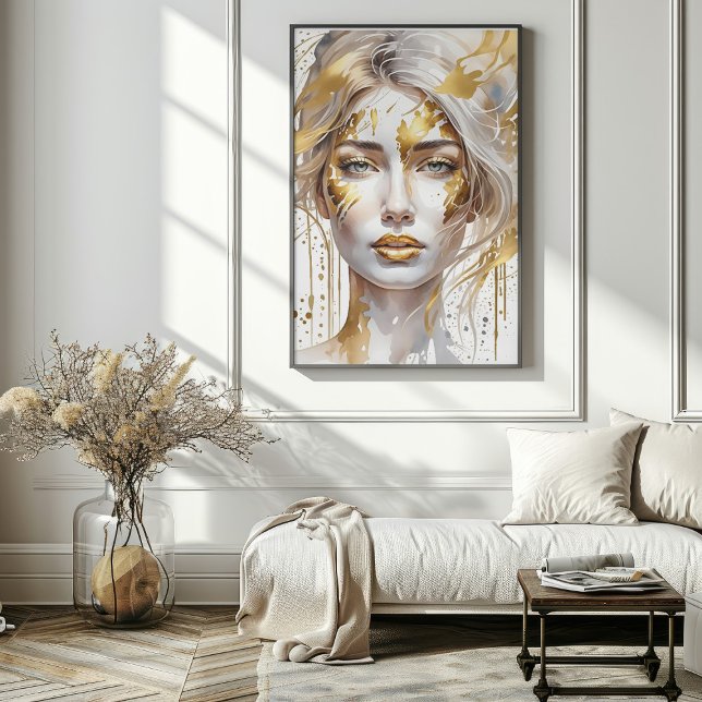 Vackert Guld Abstrakt Watercolor Woman Poster (Beautiful Gold Abstract Watercolor Woman Poster in room)
