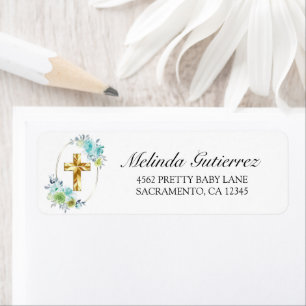 Vackert Guld Kor Blue Blommigt Pojke Baptism Returadress Etikett