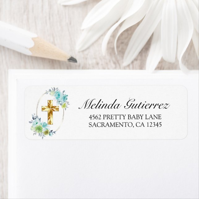 Vackert Guld Kor Blue Blommigt Pojke Baptism Returadress Etikett (Insitu)