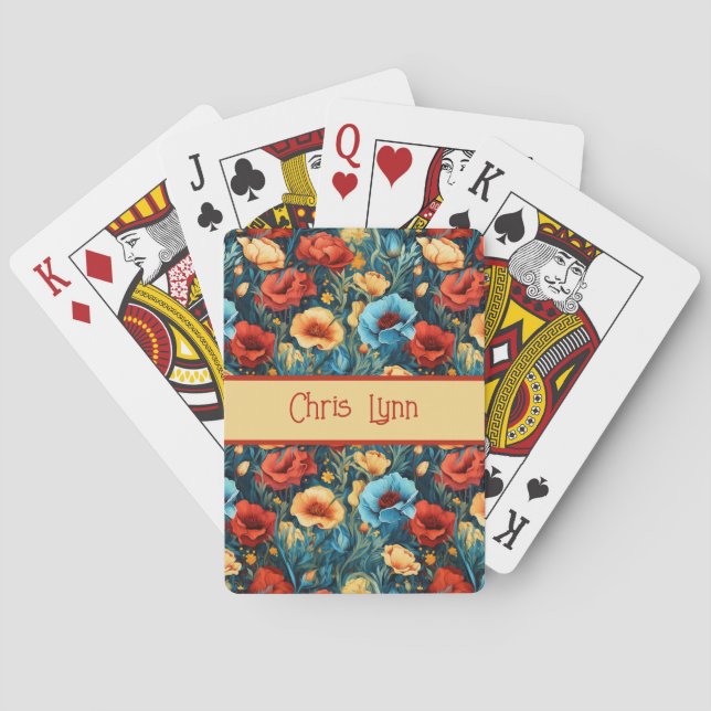 Vackert gult blått och rött blommönster casinokort (Baksidan)