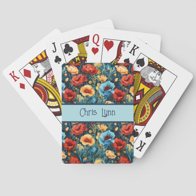Vackert gult blått och rött blommönster casinokort (Baksidan)