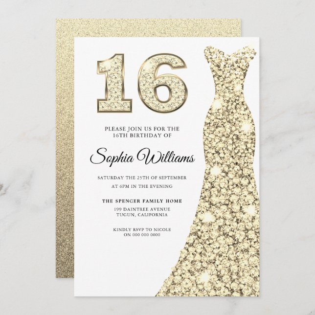 Vackert gyllene resmål 16:e födelsedag 16 inbjudningar (Fram/baksida)