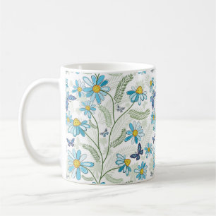 Vackert Hand plockade Pastel Blue-Blommönster Kaffemugg