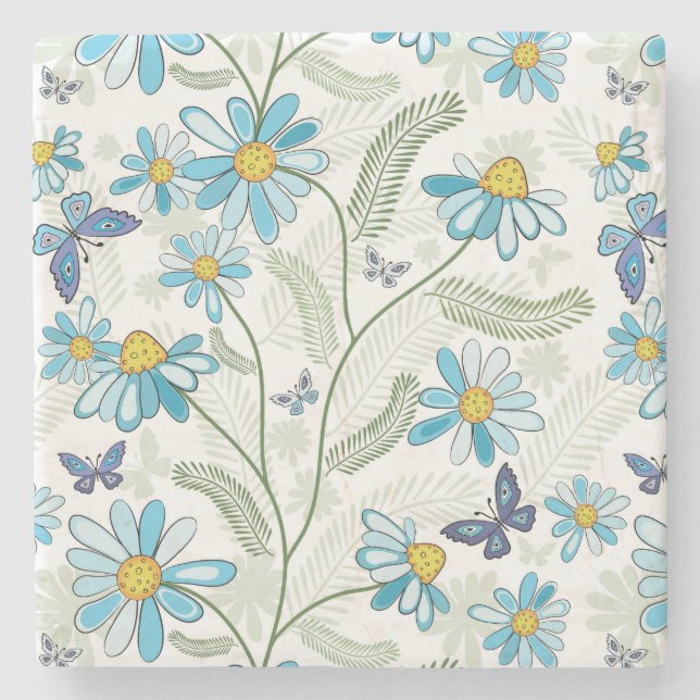 Vackert Hand plockade Pastel Blue-Blommönster Stenunderlägg (Framsidan)
