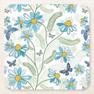Vackert Hand plockade Pastel Blue-Blommönster Underlägg Papper Kvadrat