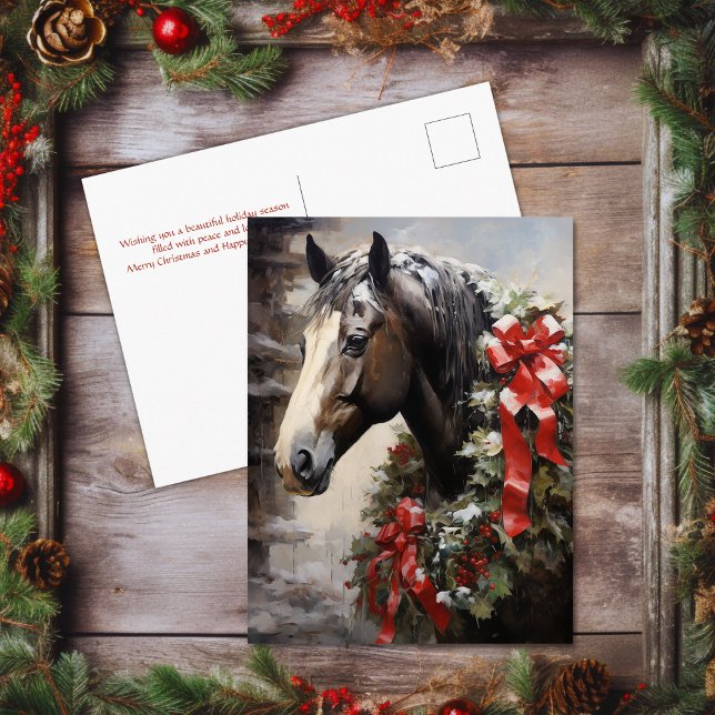 Vackert horn med vinterjul helg vykort (Beautiful Horse with Winter Wreath Christmas Holiday Postcard)