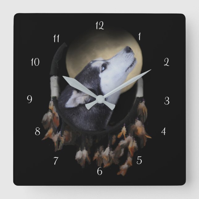 Vackert Husky Hund och Dream Catcher Fyrkantig Klocka (Framsida)