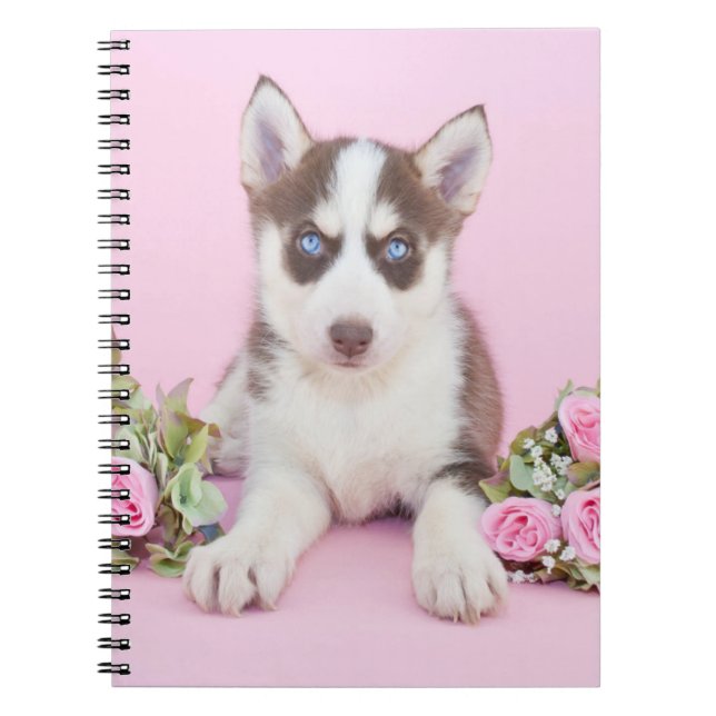 Vackert Husky Puppy med Rosa ros Anteckningsbok (Framsidan)
