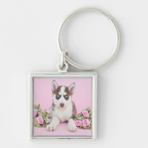 Vackert Husky Puppy med Rosa ros Fyrkantig Silverfärgad Nyckelring