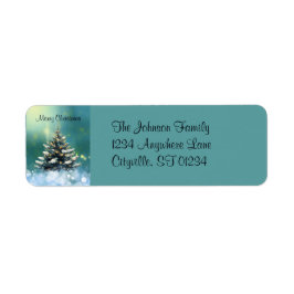 Vackert Julgran med Snö och Guld Ljus Returadress Etikett