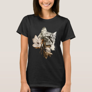 Vackert katt med Magnolias Flowers Women Blommigt T Shirt