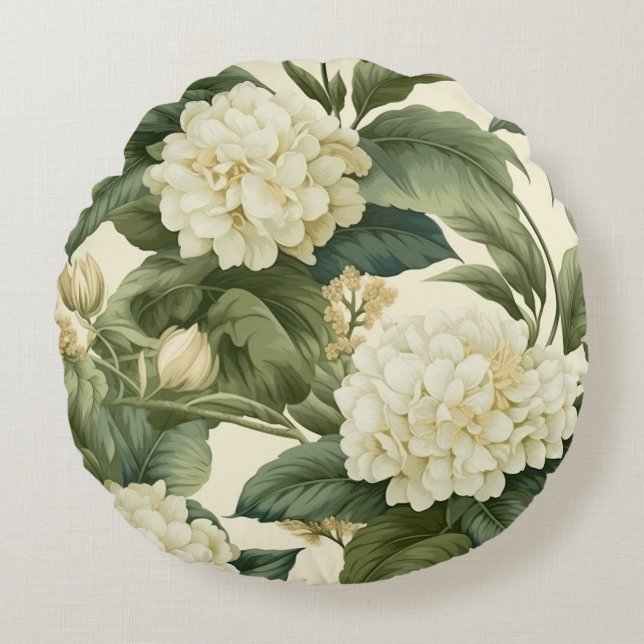 Vackert klassiskt vitt blommönster rund kudde (Framsidan)
