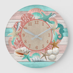 Vackert, korall, Seashell och Beach Design Stor Klocka