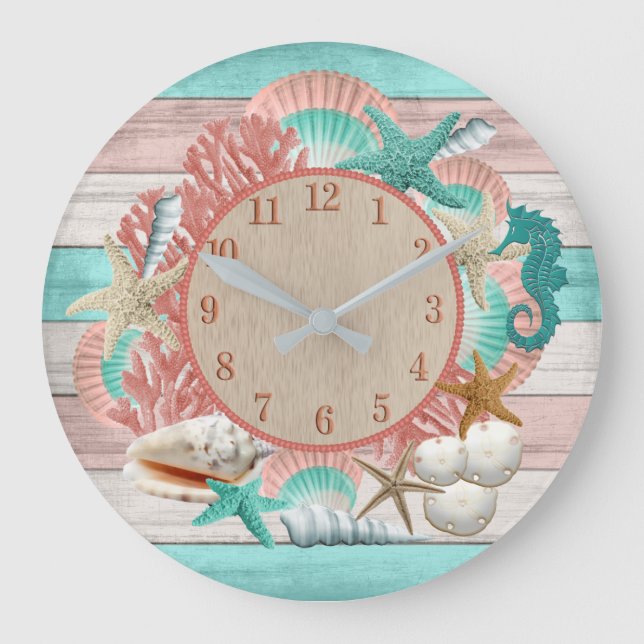 Vackert, korall, Seashell och Beach Design Stor Klocka (Framsida)