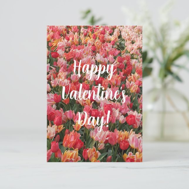 Vackert kort för Rosa Tulip Garden Valentindagen (Stående Fram)
