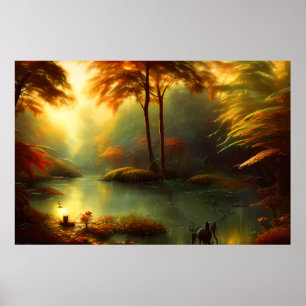 Vackert landskap Golden träd sjö på hösten Poster